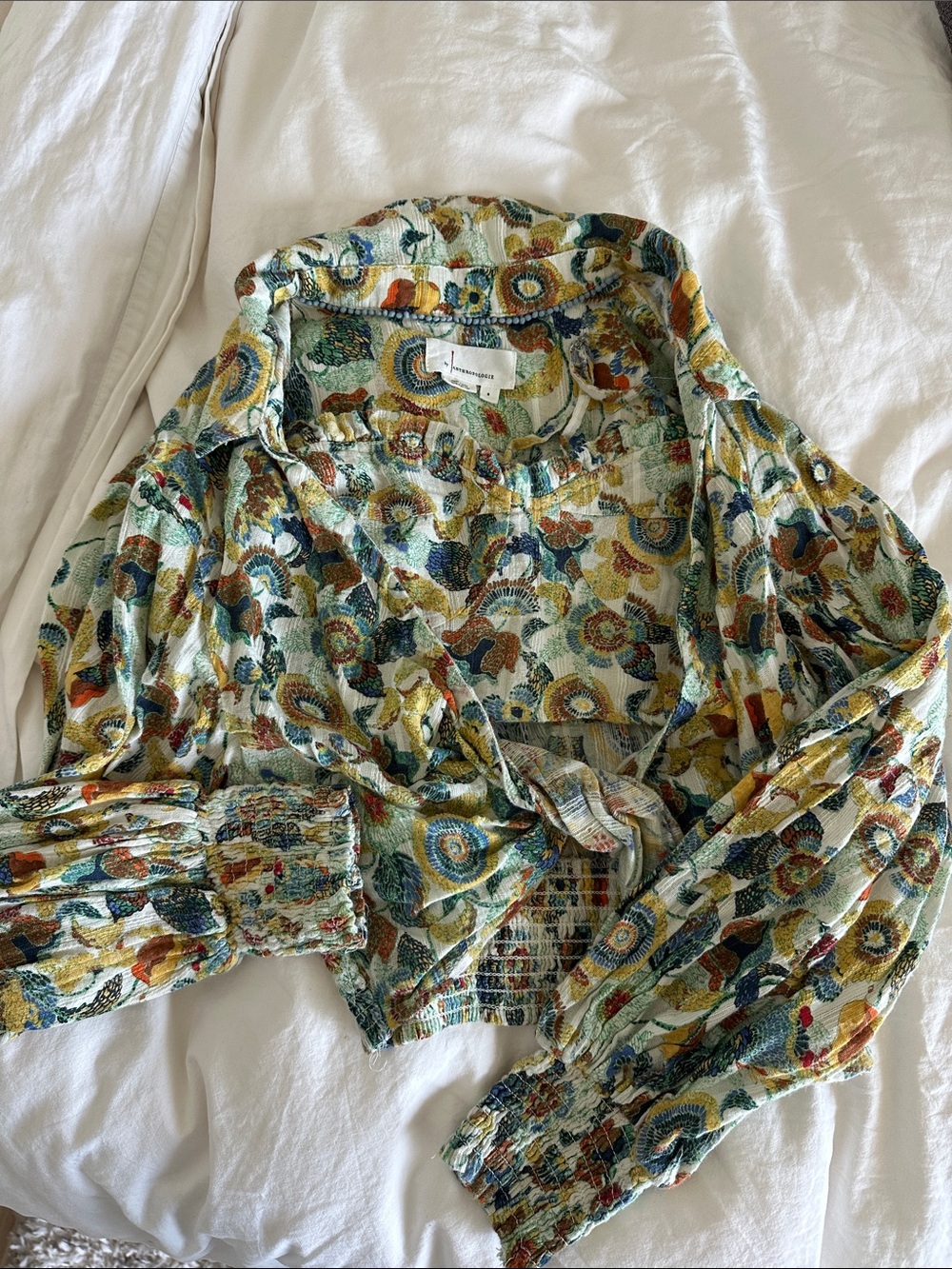 Anthropologie Multicolor Floral Smocked Cropped Blouse